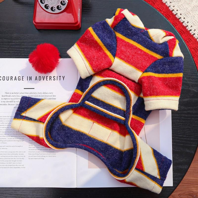 Pet Winter Warm Fleece-Like Four-Legged Bodysuit With Belly Cover British Style Striped Design Dogs Cats