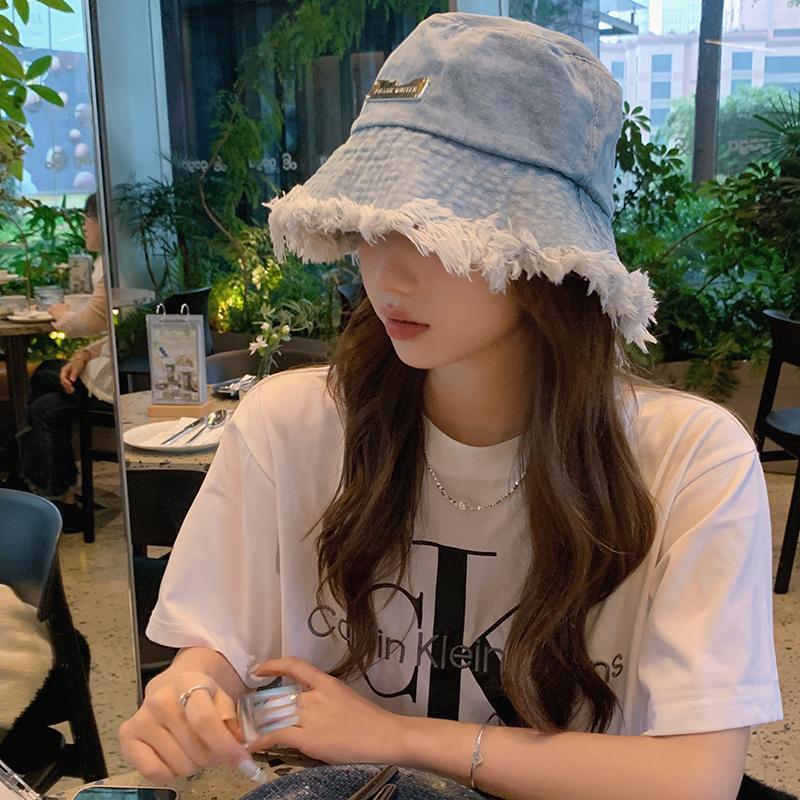 Korean Versatile Fisherman's Hat with Fringed Washed Aged Denim Hat Bucket Cap Outdoor Beach Casual Fisherman's Hat for Women
