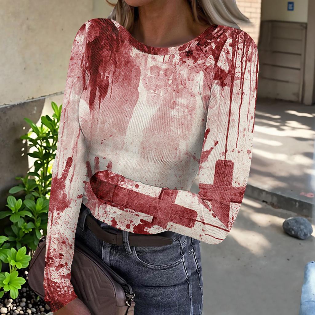 Women's Halloween Print Long Sleeve Neck Ribbed Top for Casual Fashion