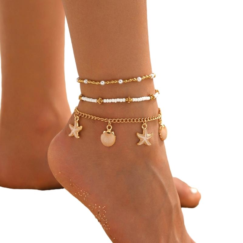 Bohemian Styles Shell Anklets Set with Starfish and Cowrie Charm Adjustable Beach Foot Jewelry for Women