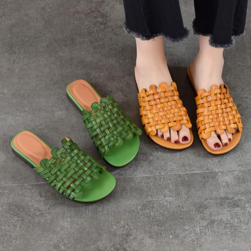 Johnature Chaussons Plats d'Extérieur en Cuir Véritable Tissés à la Main Chaussures Slip-on Décontractées Polyvalentes pour Femmes