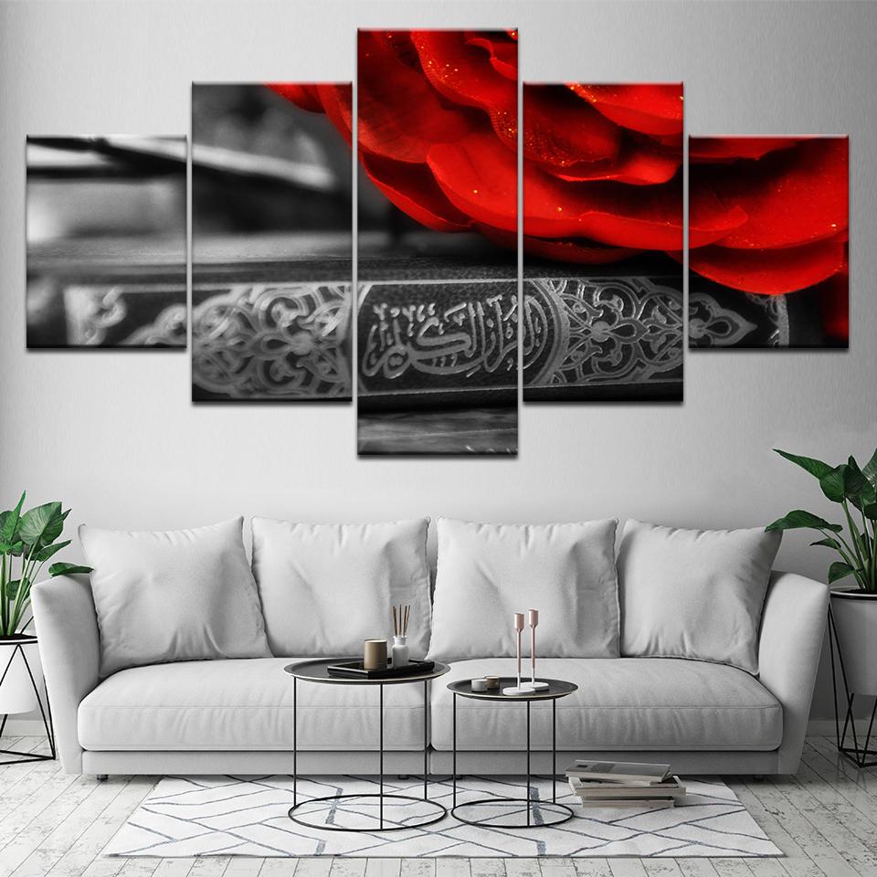 The red petals gray background 5 Piece Wallpapers Art Canvas Print modern Poster Modular art painting for Living Room Home Decor