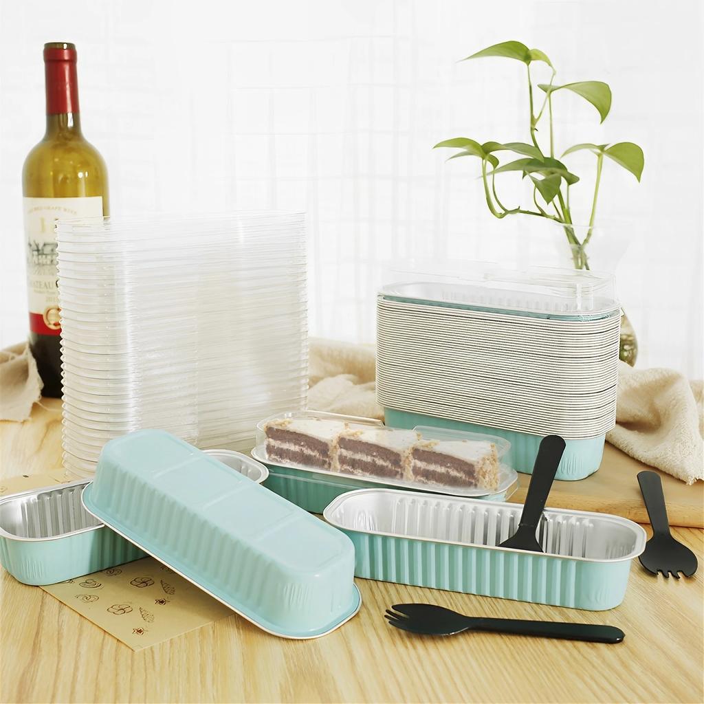 50Pcs Mini Loaf Pans with Lids and Spoons Cake Pans Aluminum Foil Baking Pan Bread Container Heat-Resistant Cake Mold for Party