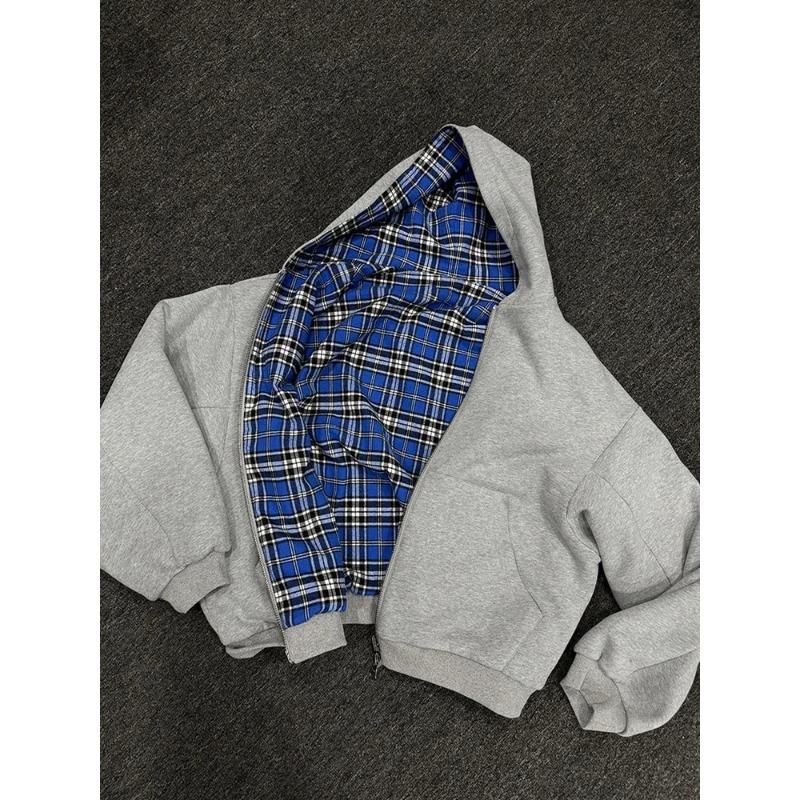 Winter Casual Plaid Hoodie Women's Warm Zip Up Double Sided Sweatshirt Fashion Trendy Loose Hooded