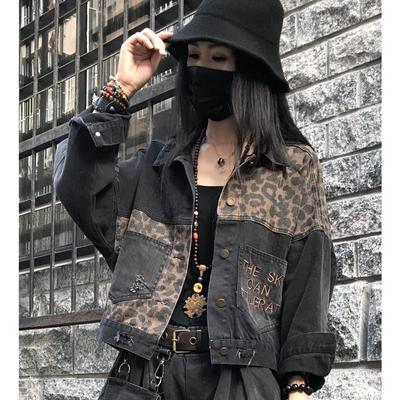 Autumn New Leopard Print Ribbed Denim Jacket with Embroidery and Ripped Details for Women