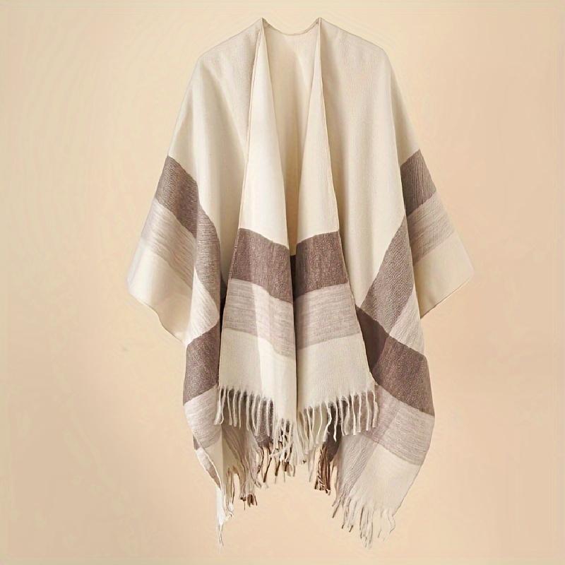 

Polyester Gradient Checkered Shawl Wrap - Winter Warm Cape Poncho with Fringe Autumn Cozy Blanket Scarf
