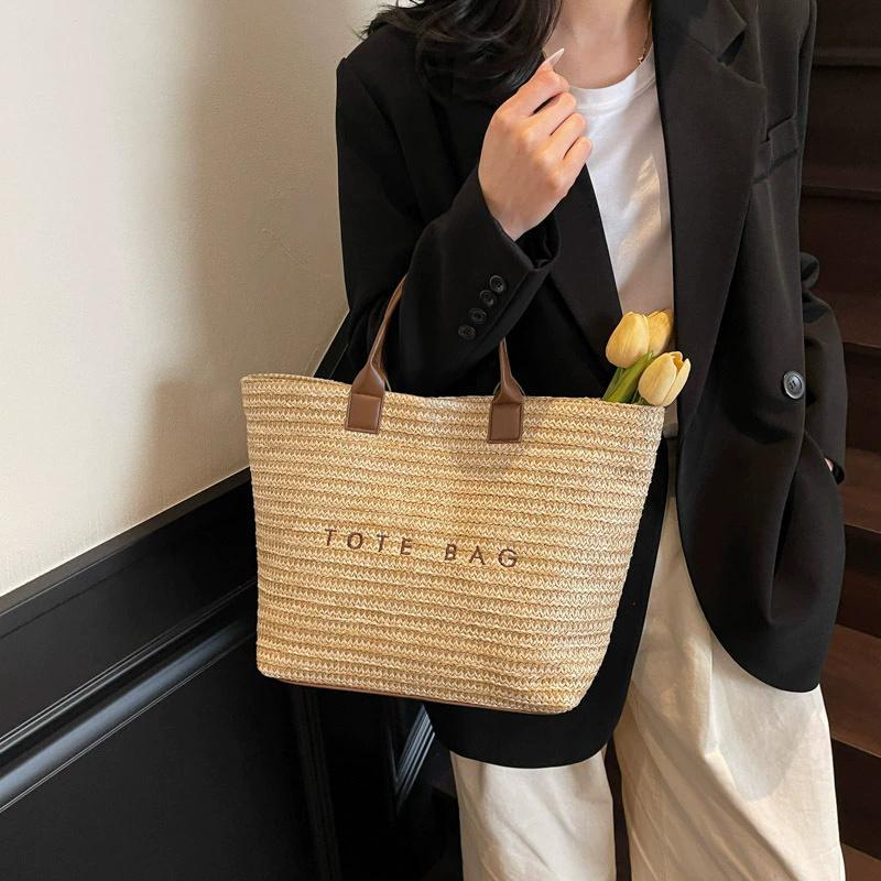 Women's Large Capacity Woven Tote Bag Fashion Letter Pattern Shoulder Bag Soft Versatile Commute Shopping Bag
