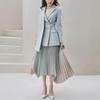 Gray-Blue Double-Breasted Jacket & Irregular Pleated Skirt Set - Autumn Color Block Fashion for Women