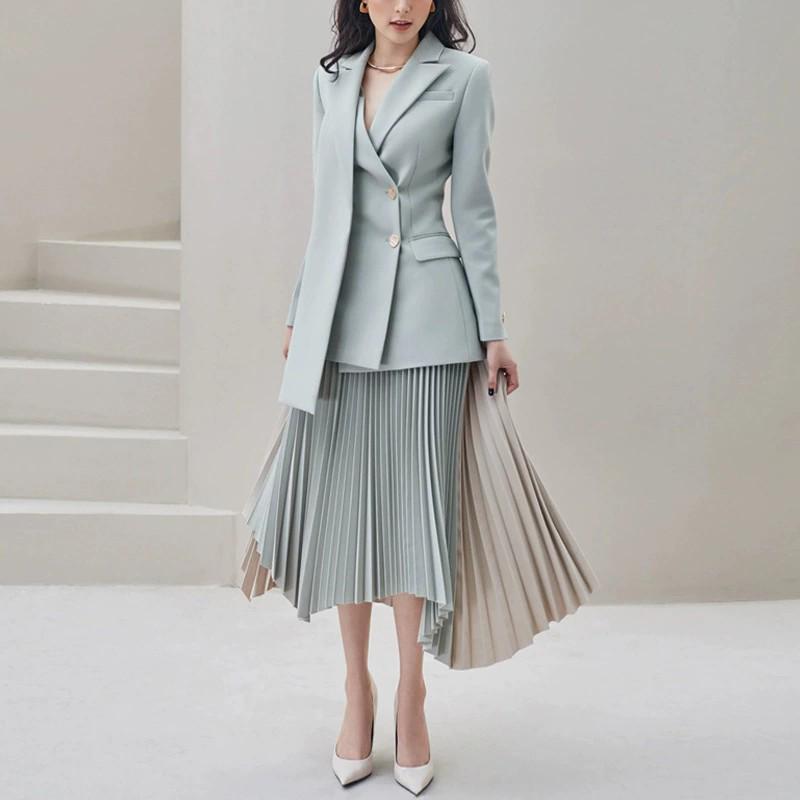Gray-Blue Double-Breasted Jacket & Irregular Pleated Skirt Set - Autumn Color Block Fashion for Women