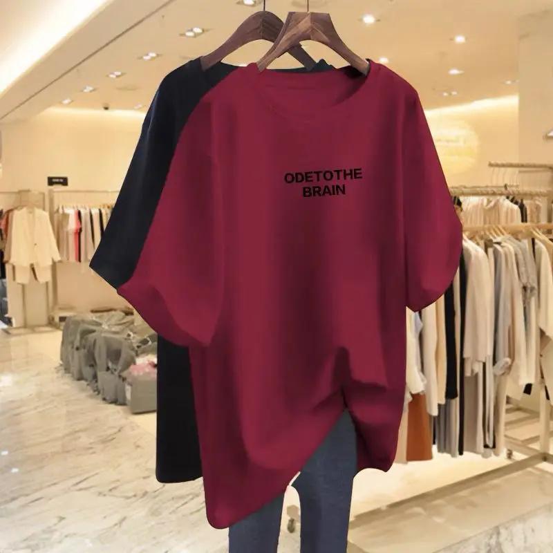 Loose women's printed T-shirt, pure cotton short sleeved top, single round neck, informal basic sweater