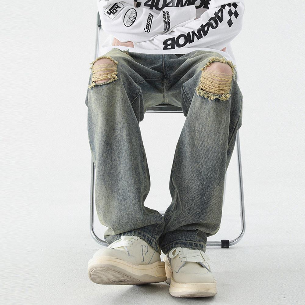 Men's Cotton Spting Summer Ripped Jeans Casual Pants Trousers Vintage Wide Leg Denim Pants Jeans For Men Fashion Clothing Streetwear