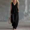 Women's Cotton Linen Two-Piece Outfit Set Sleeveless Top and Long Pants Casual Color