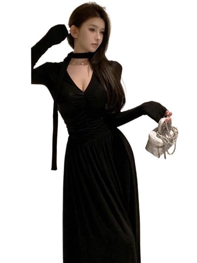 Niche Design Pleated Ribbon A-line Knit Dress – Women's Spring/Autumn Slimming Long Style