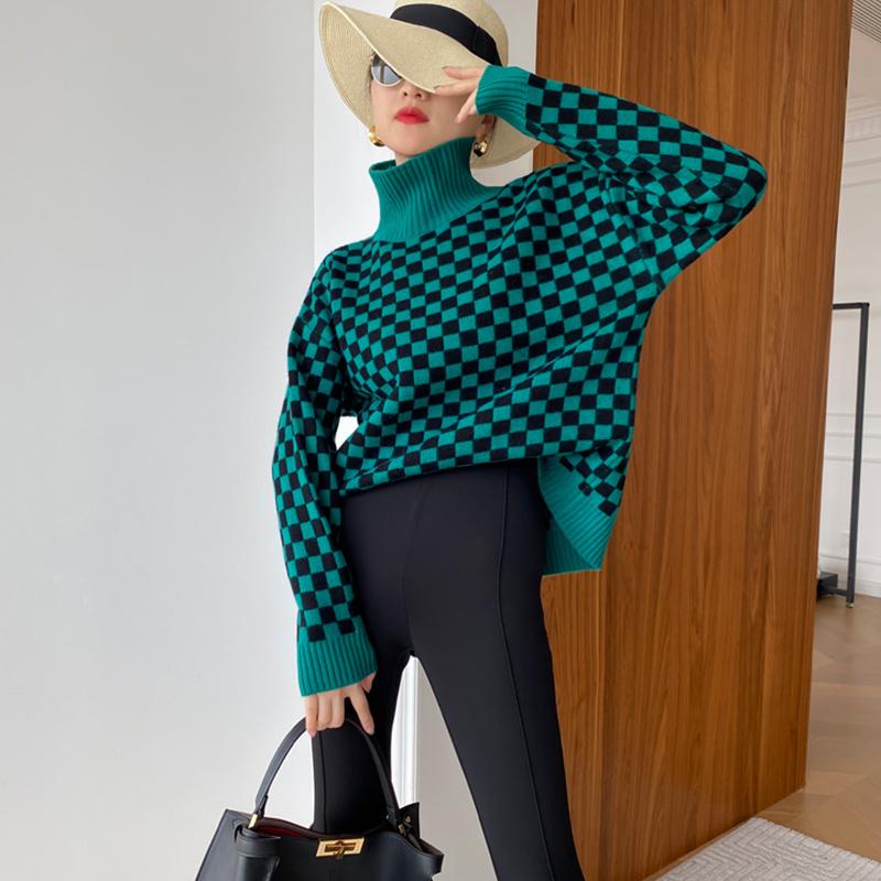 

Hirsionsan повседневные мягкие пуловеры с длинными рукавами, женская зимняя водолазка, ретро клетчатый вязаный свитер, женский свободный теплый простой джемпер one size зелёный