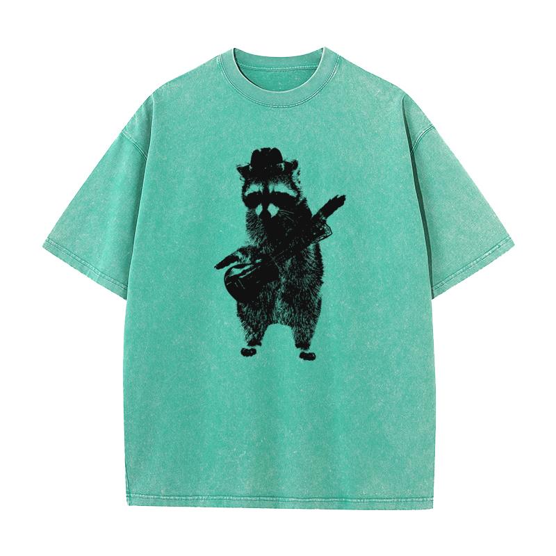 Raccoon Playing The Guitar Tops Tees Discount Crewneck Geek Short Sleeve All Cotton Male Washed T Shirt Slogan Washed Tees