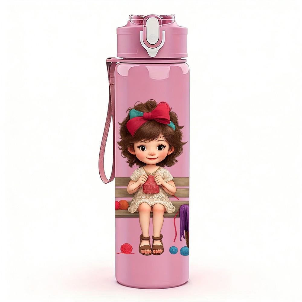 1PC Little Girl Swing Cartoon 750ml Color Plastic Sports Water Bottle Leakproof Flip Straw Lid Suitable for Sports Office Home Use