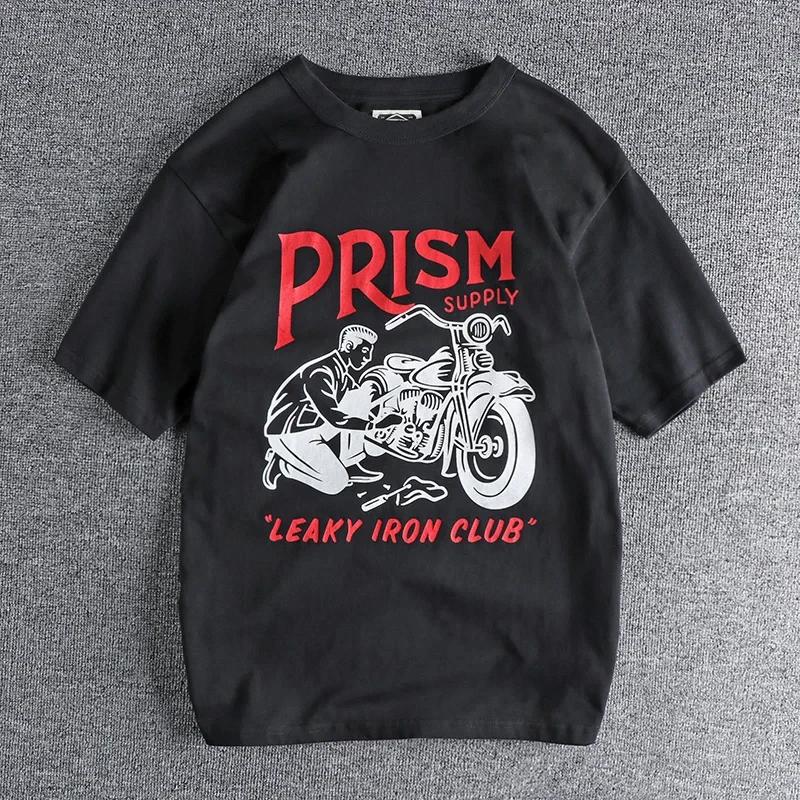 Summer American Retro Short-sleeved O-neck Motorcycle Printed T-shirt Men's Fashion Simple 100% Cotton Washed Casual Sport Tops