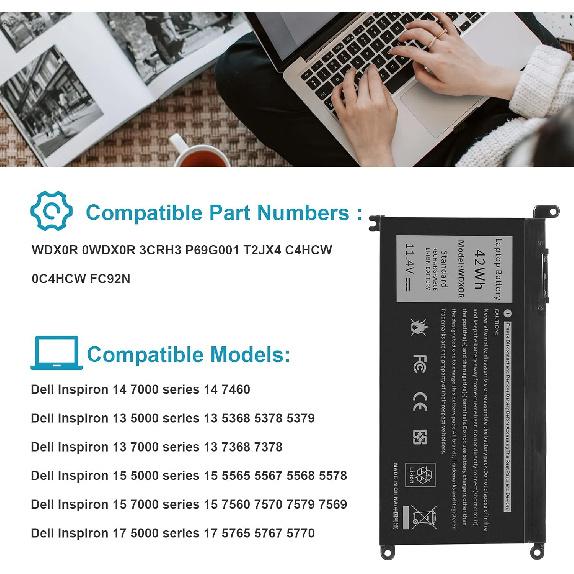 WDX0R 42Wh Laptop Battery Replacement for Dell Inspiron 13 15 5000 7000 Series 5567 7573 5570 7579 7378 5565 5379 5378 Latitude 3490 3590 3340 3400