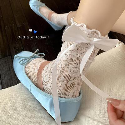 Calzini a costine in pizzo bianco traforato con fiocco per l'estate da donna, sottili stile Lolita Ballet pizzo a metà polpaccio