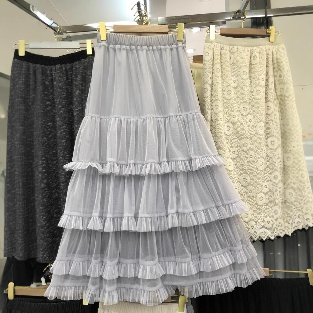 2025 Early New Elastic Waist Lace Lace Splicing A Word Big Pendulum Foreign Style Gray Cake Skirt Long Skirt