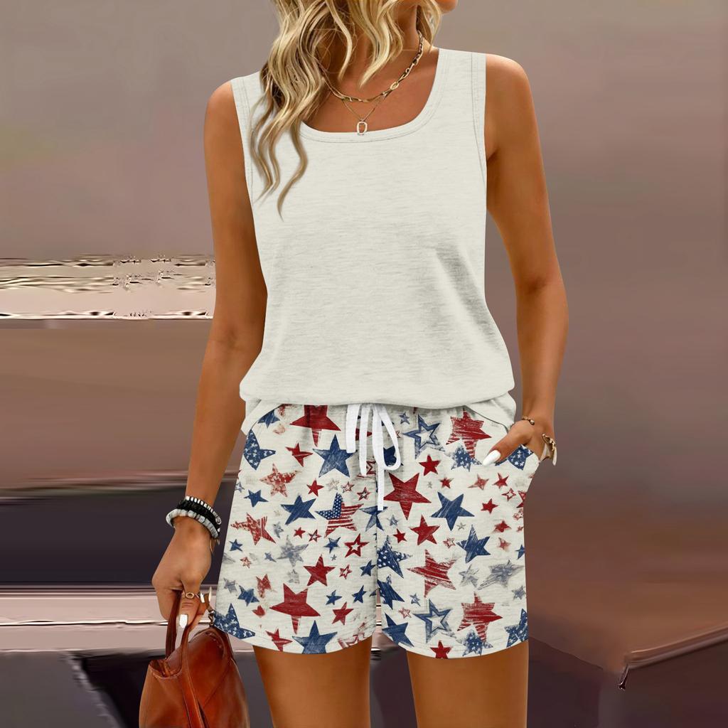 Women Summer Casual Two Piece Set Sleeveless Tank Top with Square Neck and Drawstring Waist Shorts with Pockets Lightweight Lounge Outfit