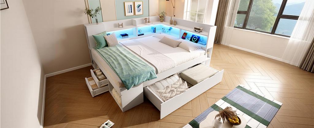 Daybed 140x200 cm Bianco Letto Singolo/Doppio per Ospiti, Base in Legno, Illuminazione a LED, Ricarica USB e Type-C, Mensole e Cassetti, incl.. Struttura a doghe (Con Materasso)