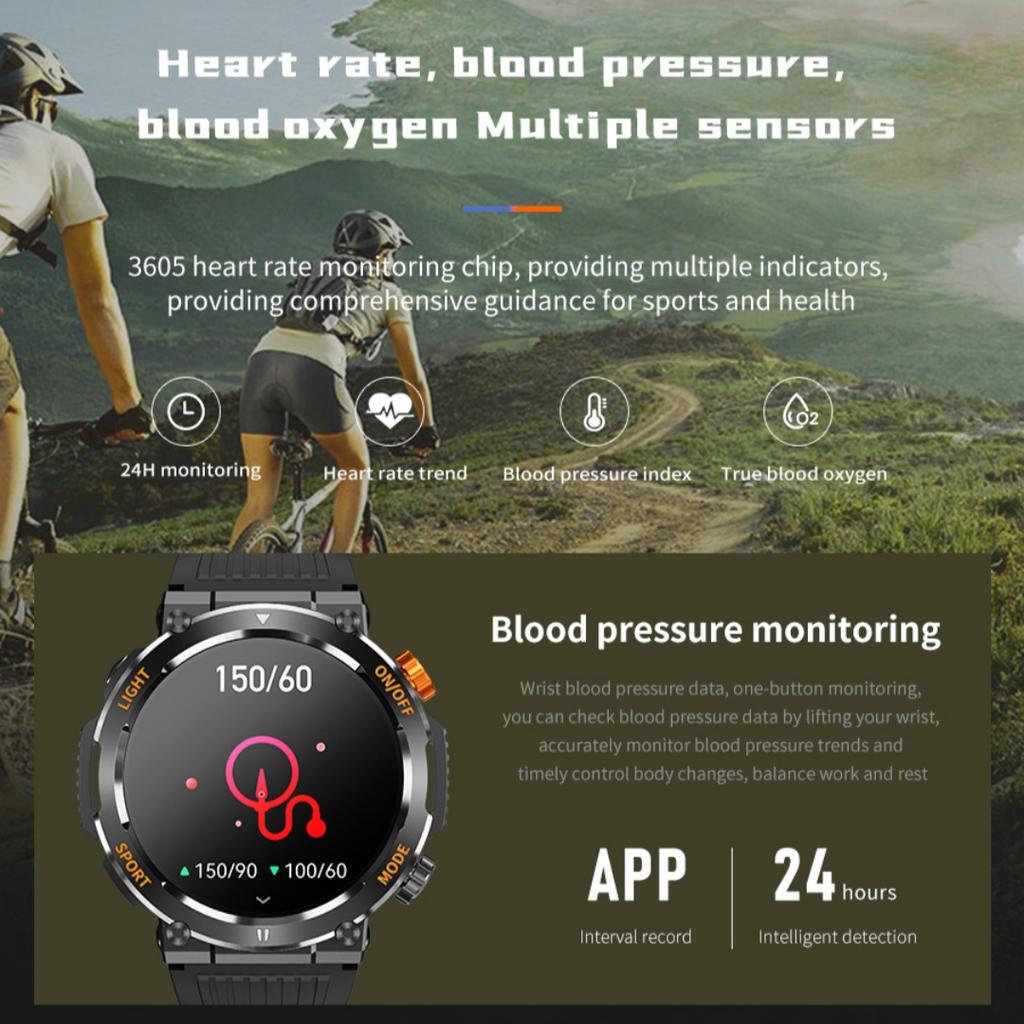 Rainbuvvy HT17 Montre Connectée Appel Bluetooth 1,46 pouces IPS IP67 Étanche Lumières LED 450mAh Fréquence Cardiaque Montre de Sport d'Extérieur