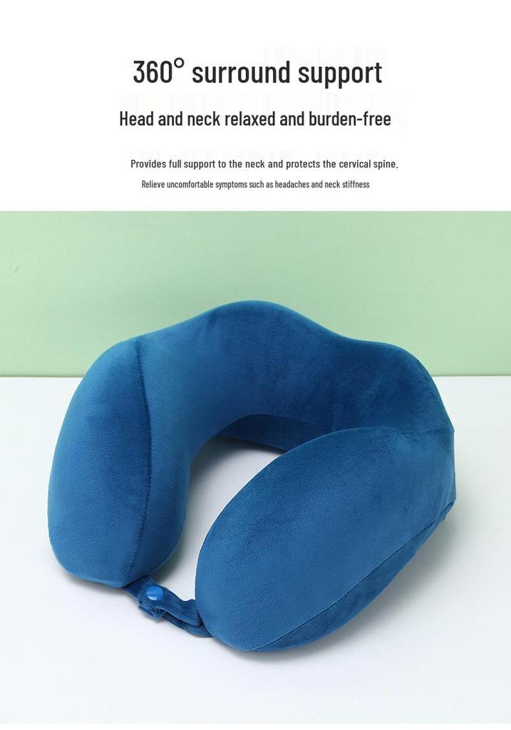 Blue Travel U-Shape Memory Foam Pillow: Foldable, Portable Neck Support with Buckle, Perfect for Naps.