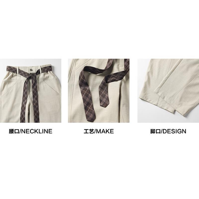 Vintage Contrast Color Plaid Belt Curved Wide Leg Loose Casual Pants For Men