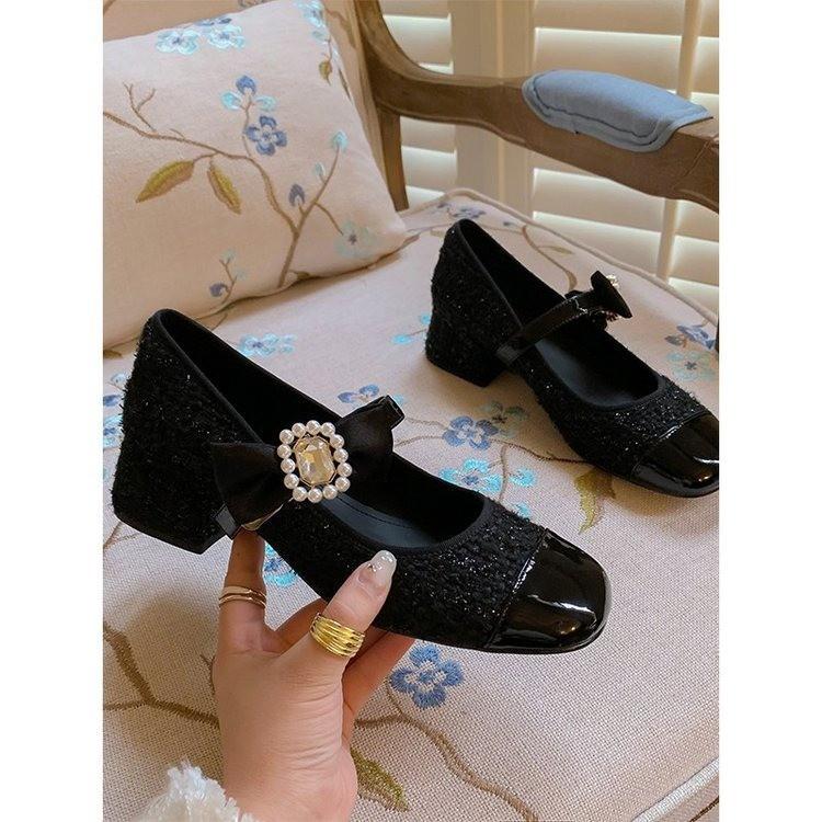 Women's Pink Bow Mary Jane Single-shoe Thick Medium Heel Shoes Princess Elegant High Heel Thick Heel Mary Jane Leather Shoes