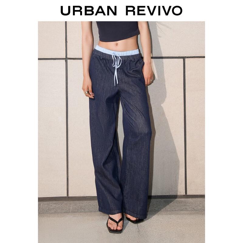 UR Women's Retro Patchwork Striped Tie-Waist Denim Pants