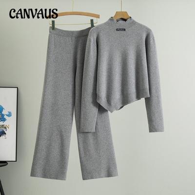 Новий весняний жіночий модний в’язаний светр із водолазкою нестандартної форми, повсякденний комплект широких штанів із двох предметів