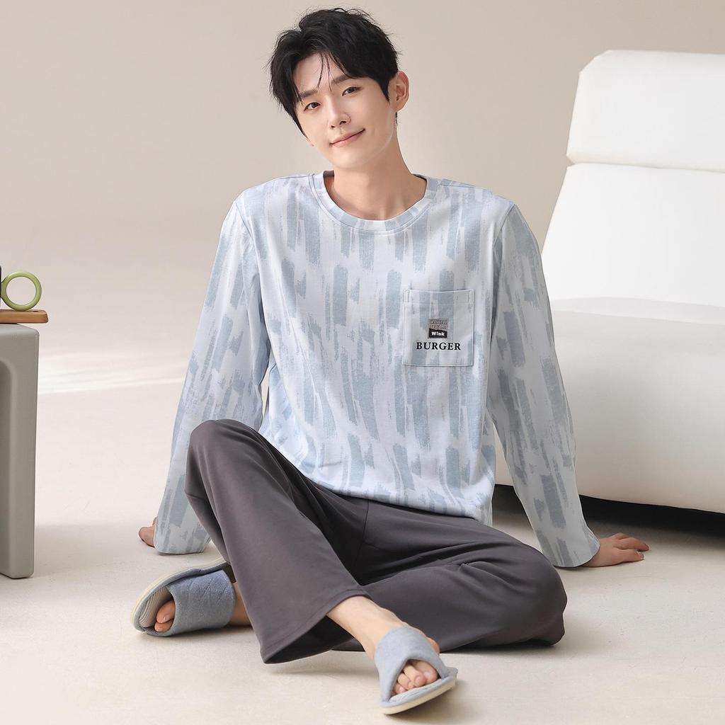 Men's 100% Cotton Long Sleeve & Pants Pajama Set - Korean Style Casual Homewear for Indoor/Outdoor Use