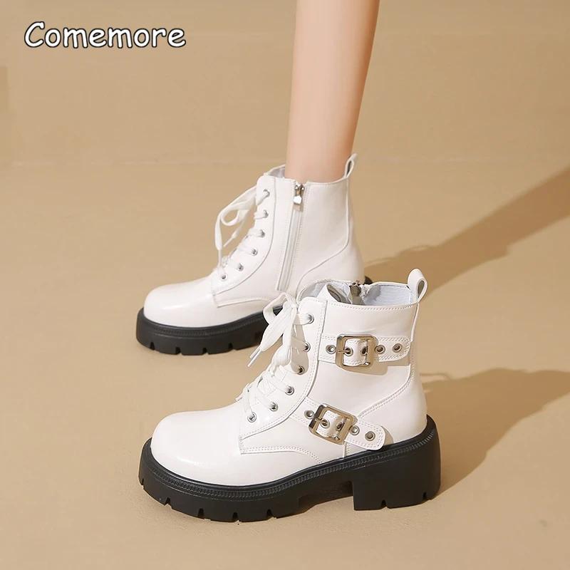 Fashion Fashion Metal Belt Buckle Decoration Western Boots Women 2025 Autumn Sexy High Heel Side Zip Ankle Boots Punk Thick Bottom Shoes