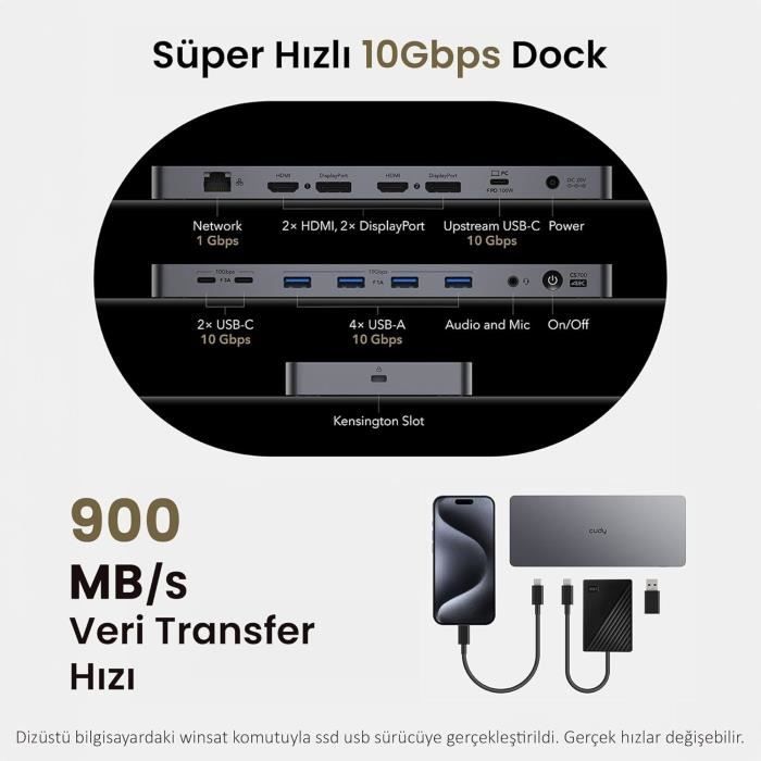 Station d'accueil - cudy - cs700 - double écran 4k 60 hz - 13-en-1 - usb-c 10 gbit/s