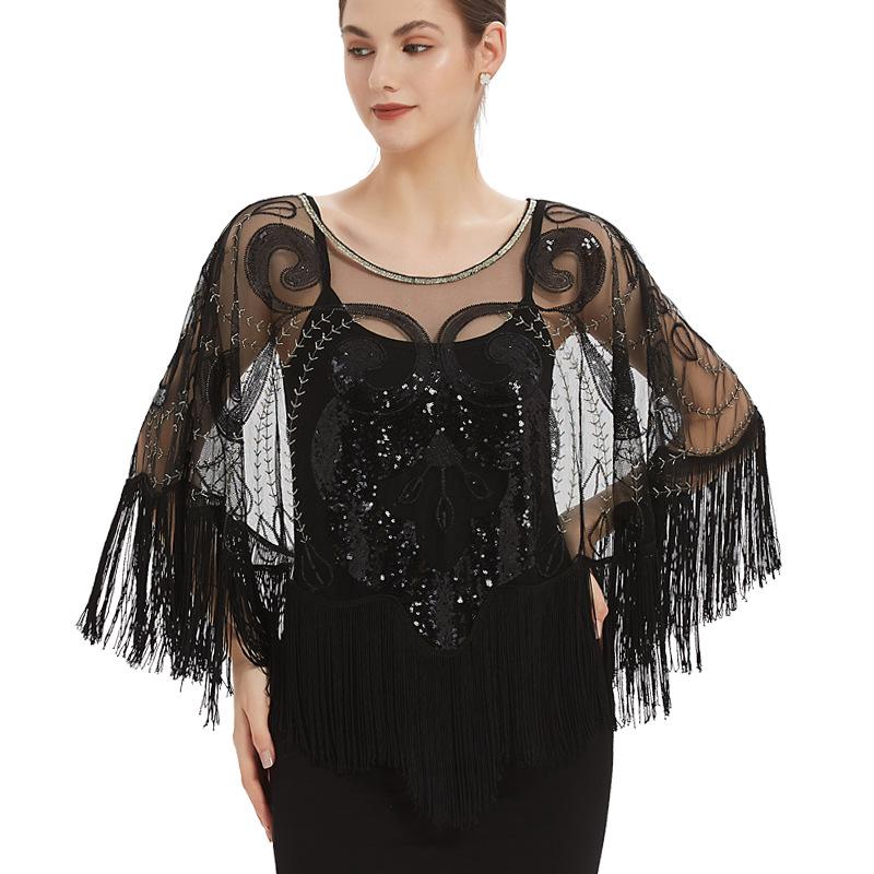 Mesh Sequin Tassel Shawl Evening Gown Strapless Wedding Dress with Elegant Beaded Cape Cover-up