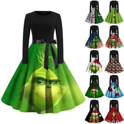 Women's Fashion -neck Christmas Print Long-sleeved Casual Dress