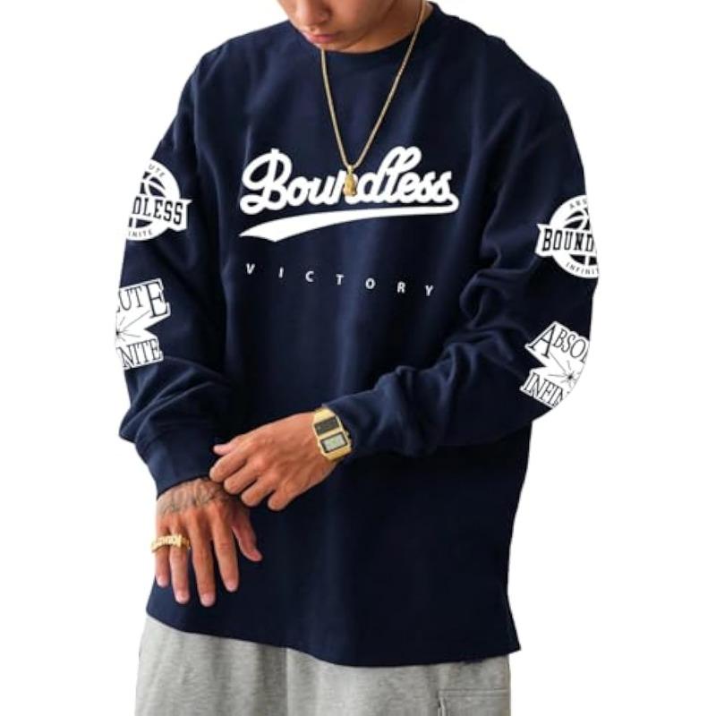 Men's Loose Fit Letter Graphic Drop Shoulder T-Shirt Oversized Casual Long Sleeve Trendy Tee Tops