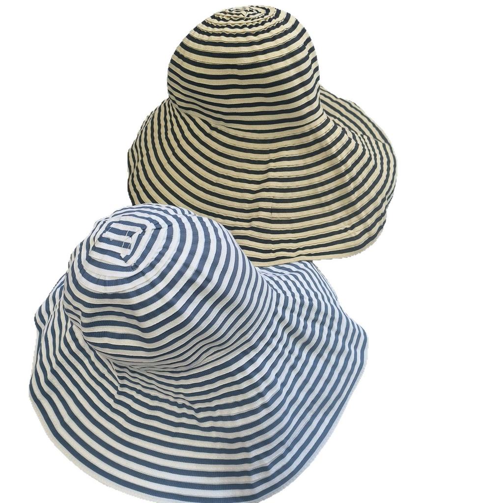 Japan and Korea Folding Simple Black and White Striped Large Brim Sunshade Sunscreen Windproof Women's Summer Versatile Quick-drying Basin Hat Fl