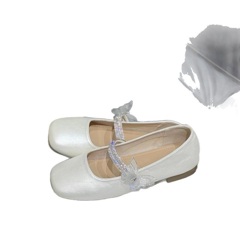 New Square Head Shallow Mouth Single Shoes Women's Spring and Summer Word with Butterfly Rhinestone Mary Jane Shoes Soft Sole Small Leather Shoes