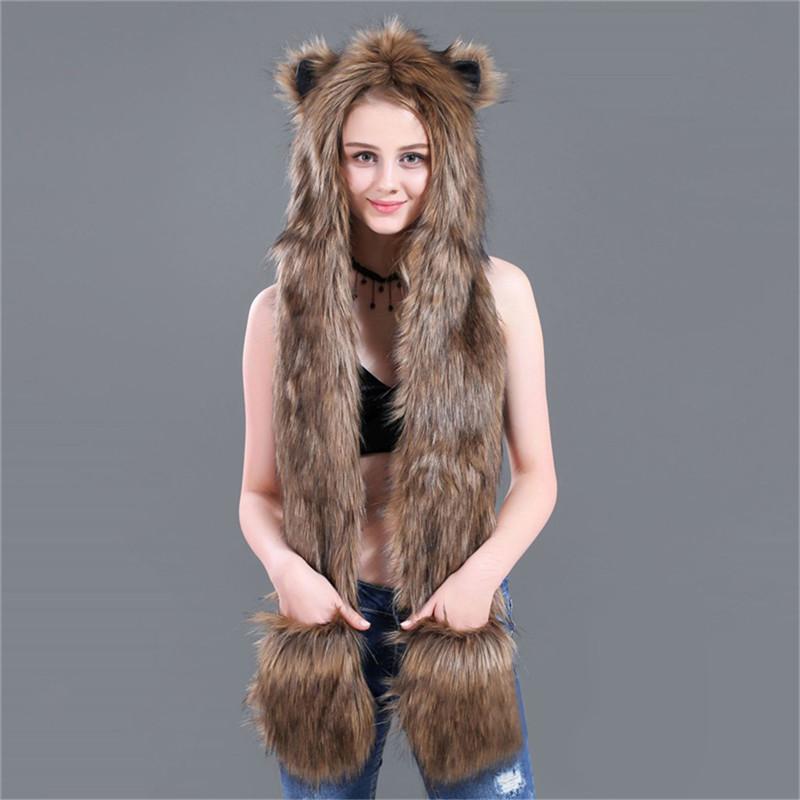 Lamaxpa Fashion Animal Women Scarf, Hat & Glove Sets 1Pcs Faux Fur Winter Warm Shawls And Wraps Hooded Fluffy Plush Dropshipping