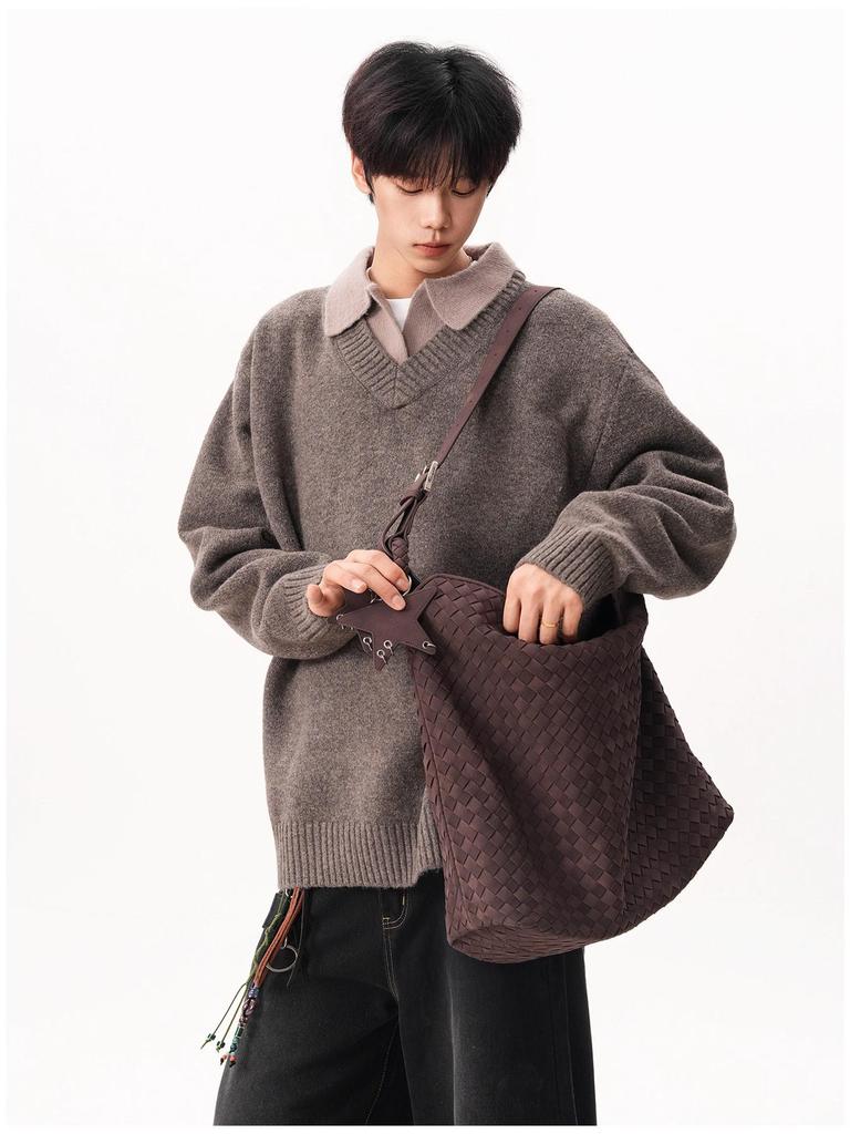 Vintage Style V-Neck Faux Two-Piece Men's Winter Sweater - Trendy Loose Knit Polo