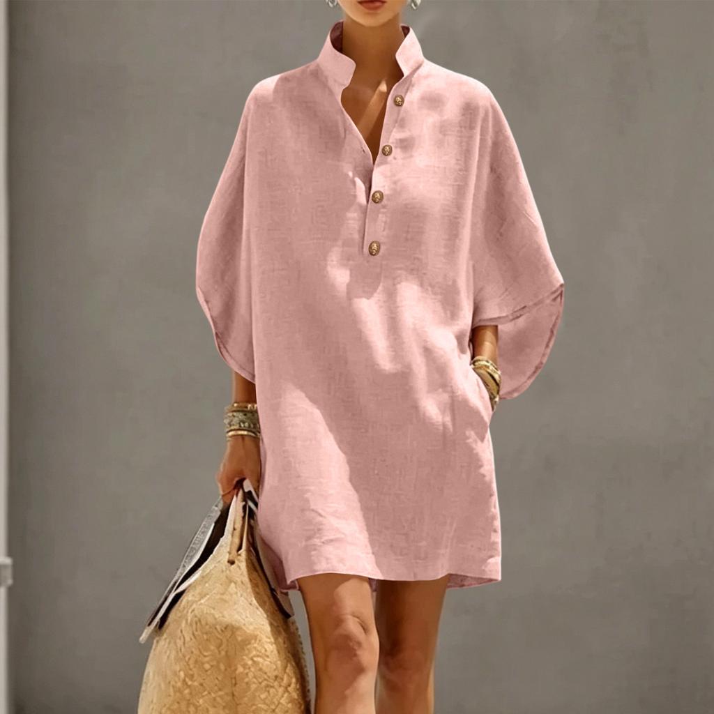Casual Women Short Dress Linen Cotton Blend Stand Collar Button Front Half Sleeve Loose Fit Summer Tunic Dress