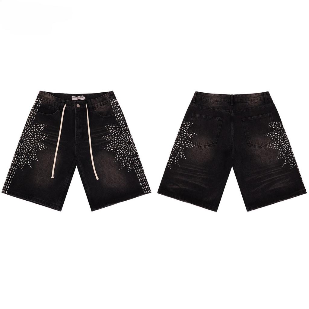 LUXEONDenim Shorts Mens Women with Stunning Rhinestone Sunburst Design High Quality Casual Summer Shorts