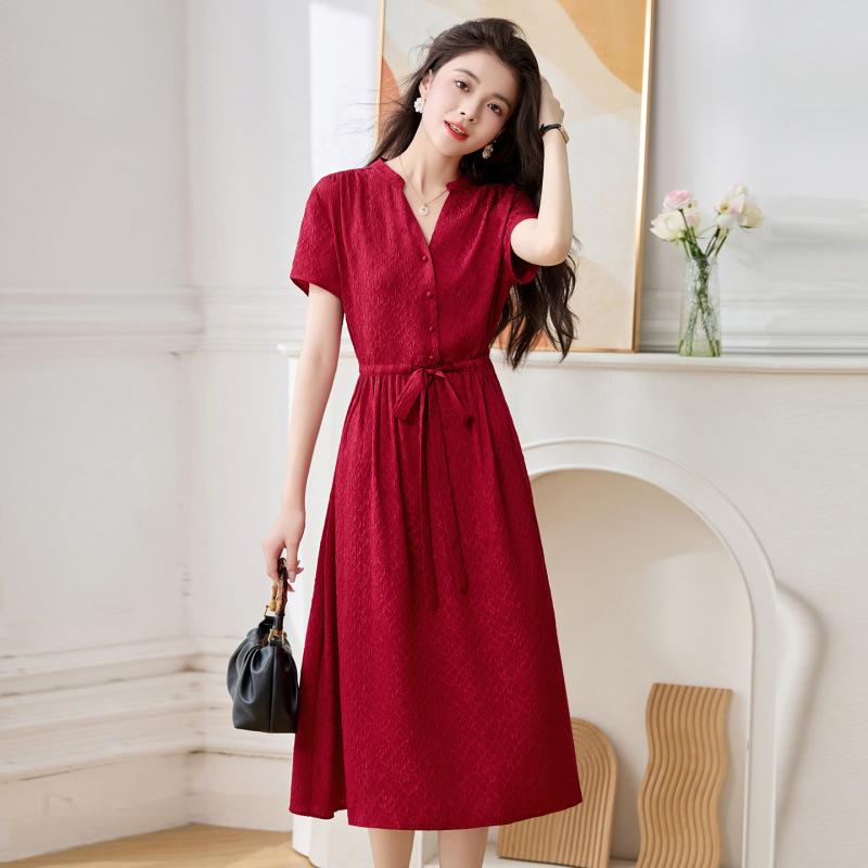 Guanle Wrinkled Silk Dress  Dress V-neck Medium and Long Skirt Waist Thin Mulberry Silk Dress