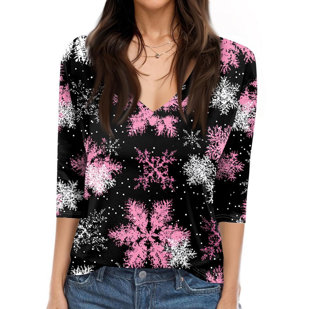 Women's T Shirt CHristmas Print 3/4 Sleeve Daily Weekend Fashion Basic V- Neck Regular Top