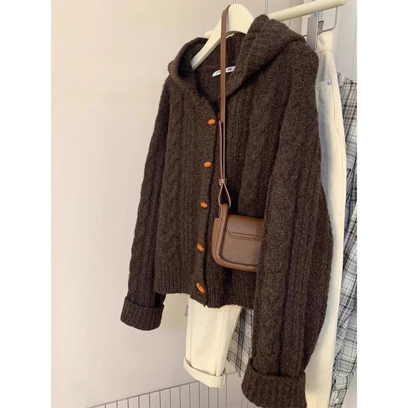 Corner buckle hooded cardigan sweater women's gentle wind twist knitted jacket soft waxy outerwear top