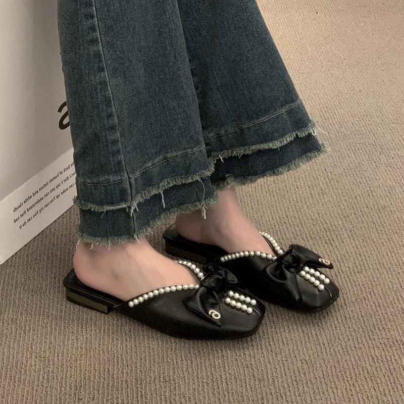 Fashion 2025Women's Fashion Slippers Bow Pearl Digital Metal Decoration Heel Wrap Shoes Leisure Sweet Flat Sole Zapatillas De Mujer