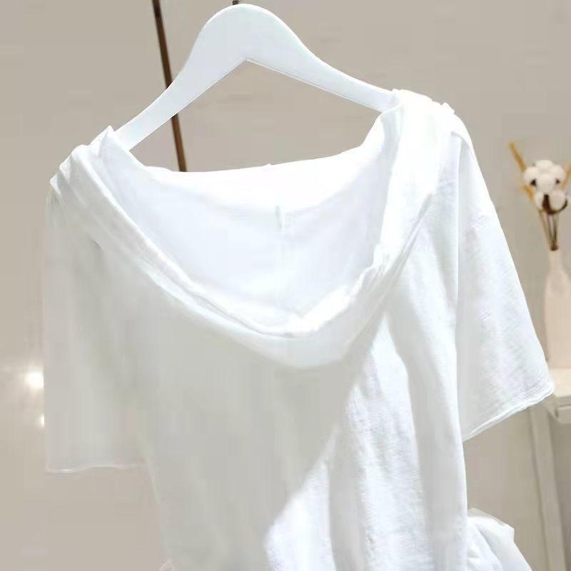 Women's 2025 Hooded Short-Sleeve Loose-Fit Slimming Pullover T-Shirt for Spring/Summer