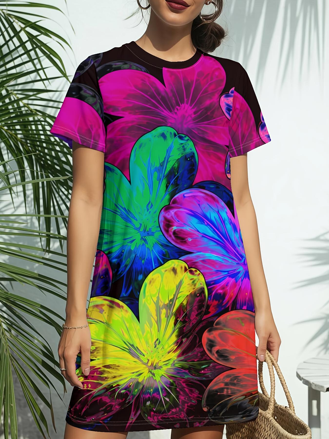 

Neon FlowerNew Women s Round Neck Short Sleeve T-Shirt Dress. American Style Trend Digital Printing. Casual and Versatile for Spring and Summer. Elega XL дубильна кора